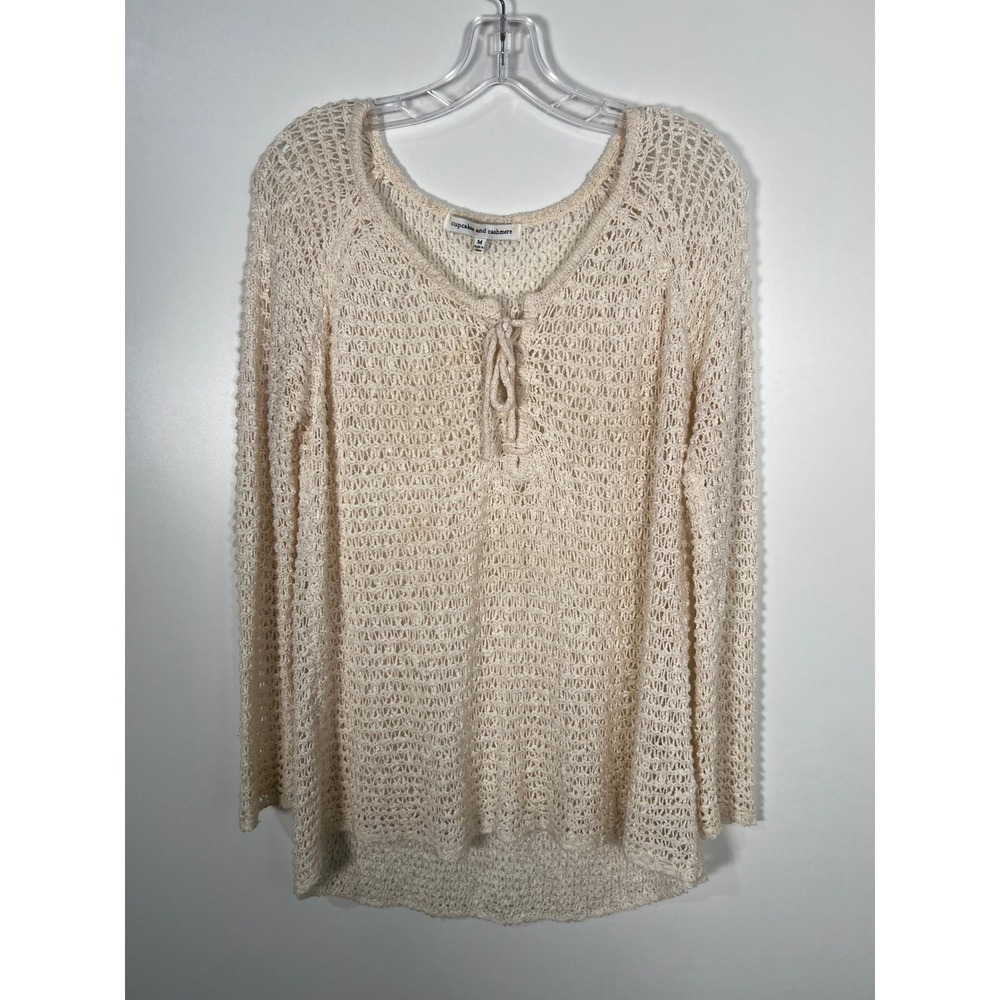 Cupcakes and Cashmere Cream Open Knit Lace Up Crochet Sweater Boho Festival M